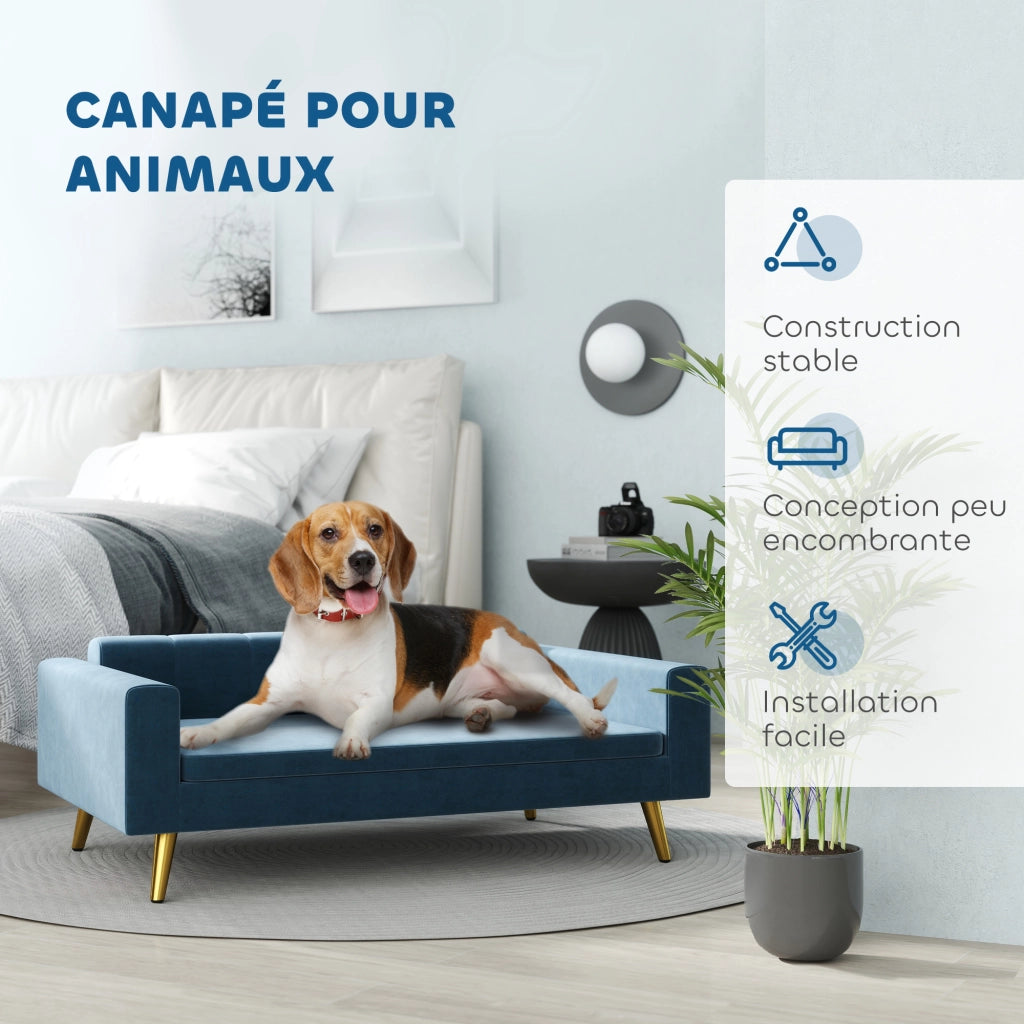 Letto per cani imbottito con cuscino ¨C Zephmum ¨C Blu velluto metallo dorato 94x60x32 cm
