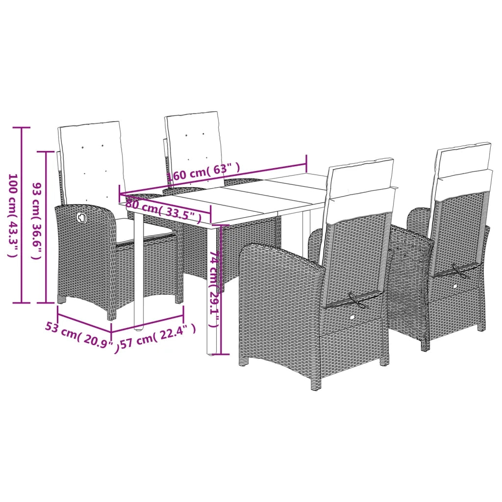 Set da Pranzo da Giardino 5 pz Nero con Cuscini in Polyrattan 3212304