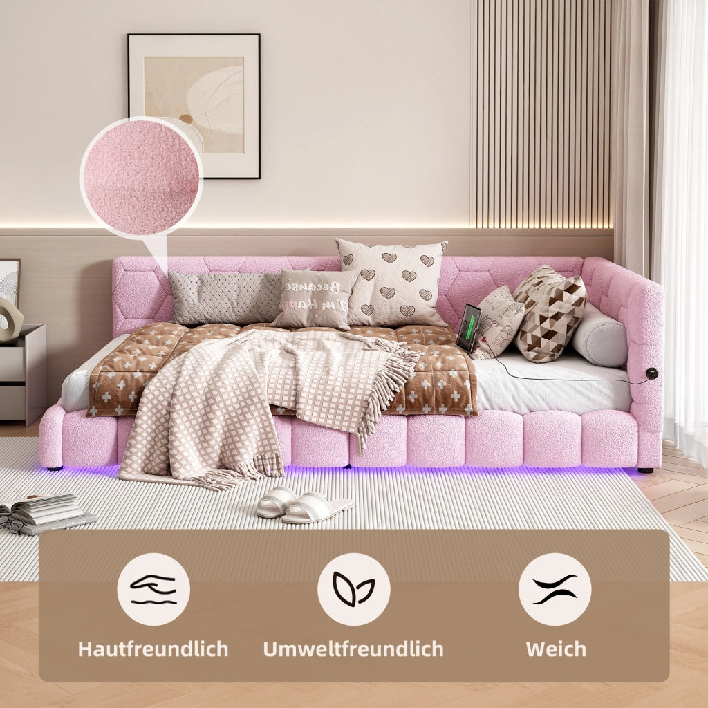 Letto singolo 90×200 cm con LED regolabile; USB; Type-C e rete; senza materasso; velluto; rosa