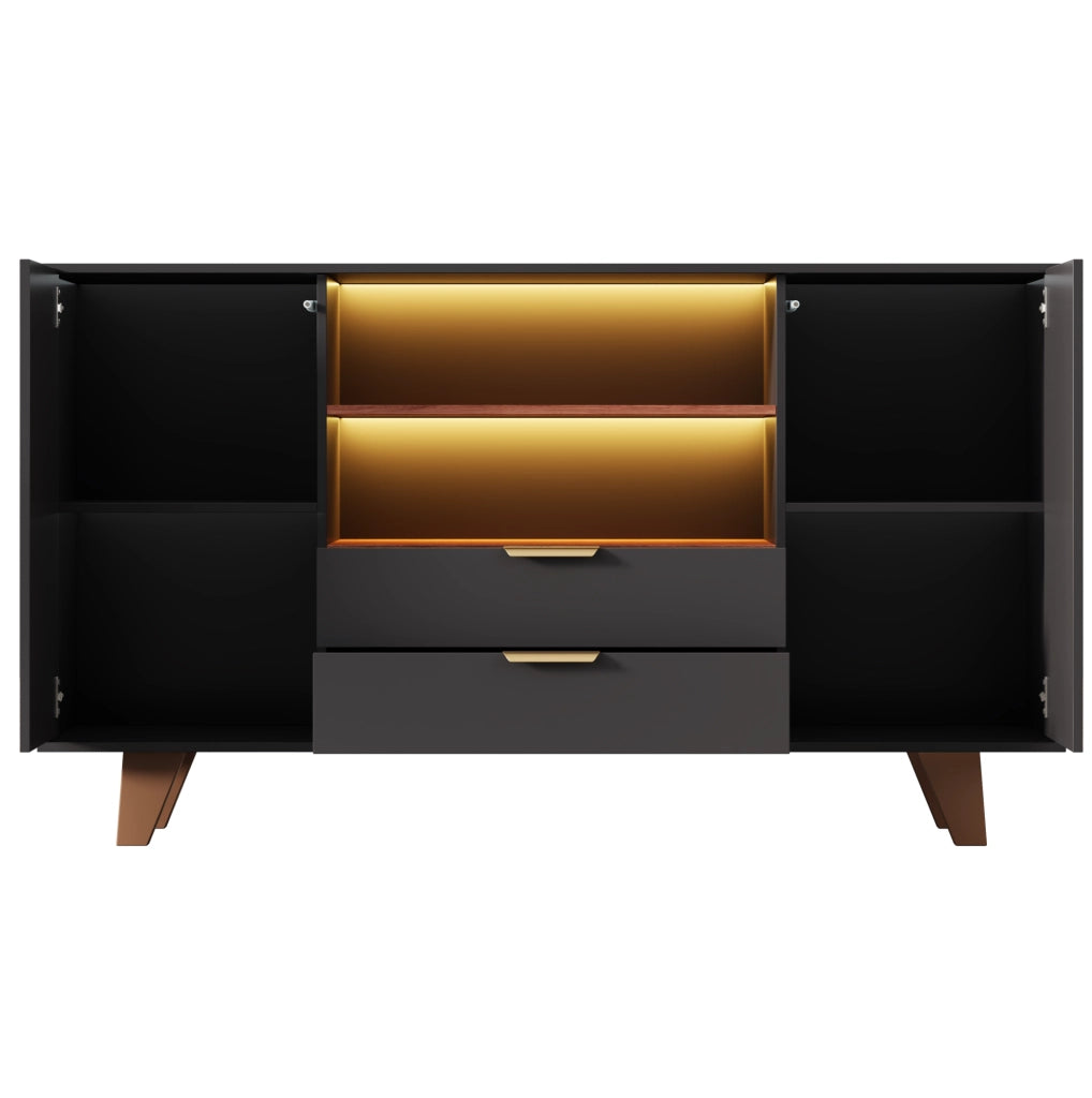 Credenza da cucina 150x40x90 cm in MDF naturale e nero con LED RGB e 2 cassetti