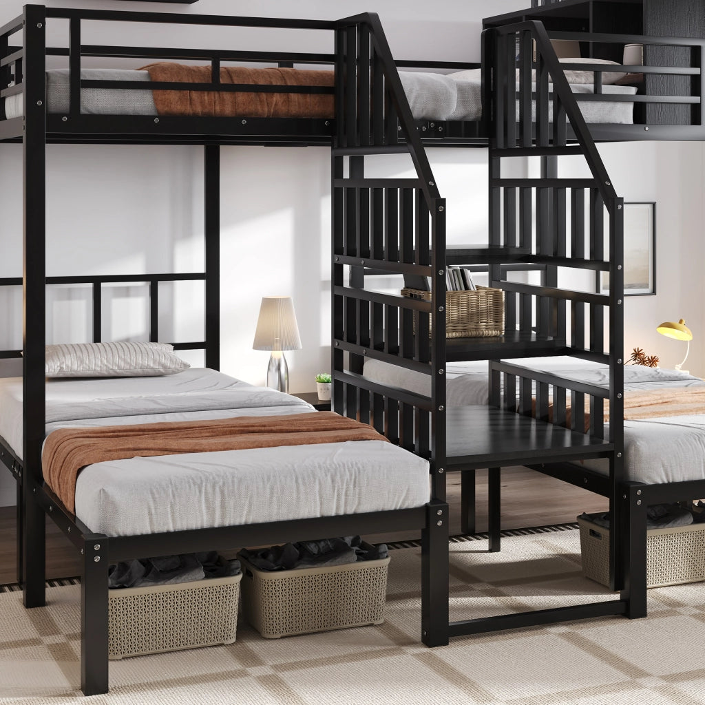 DESMIU Letto a castello 3 posti 90 × 200 cm e 140 × 200 cm con scala, vano portaoggetti, senza materasso, nero