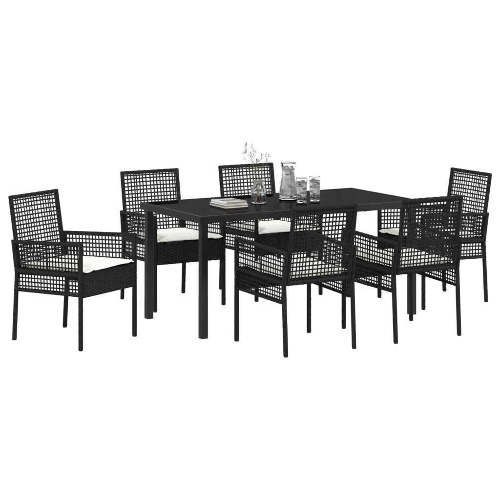 Set da Pranzo da Giardino da 7 Pezzi con Cuscini in Polyrattan Nero