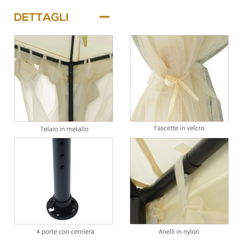 Gazebo da Giardino 2.95x2.95m in Metallo Doppio Tetto Zanzariera e Laterali Beige