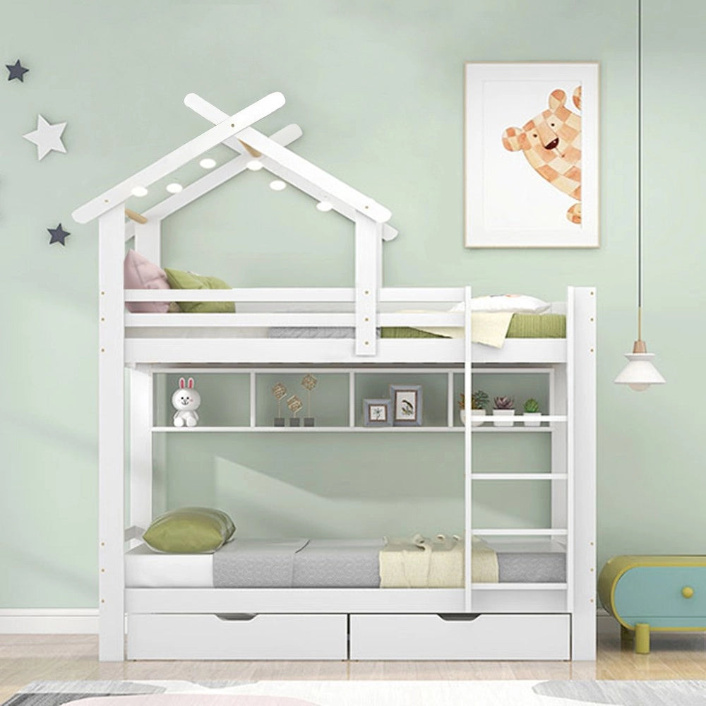 Letto a Castello con Cassetti e Ripiani ¨C MINIMAL ¨C Pino Bianco 90x200