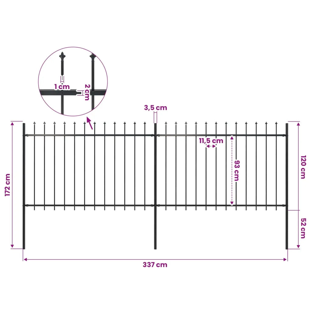 Recinzione da Giardino con Punta a Lancia in Acciaio 337x120 cm Nero 277621