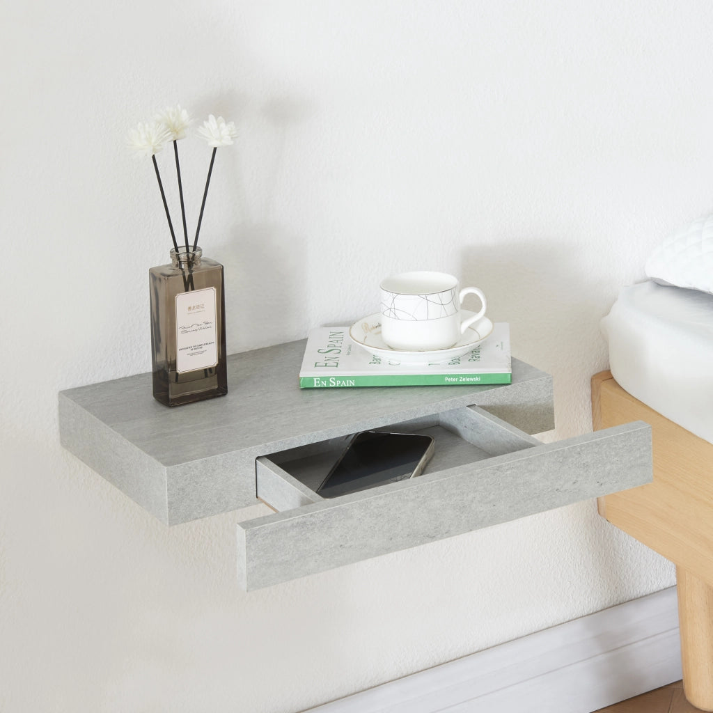 Mensola Hyvinkää con Cassetto Integrato Comodino Sospeso 39,5 x 25 x 5 cm Effetto Cemento [en.casa]