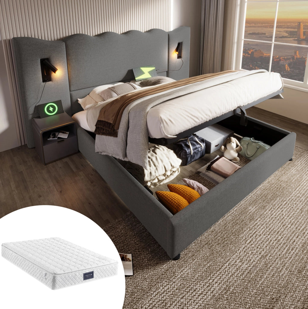 Letto contenitore 160x200 cm con lampade da lettura USB e Type-C; lino grigio