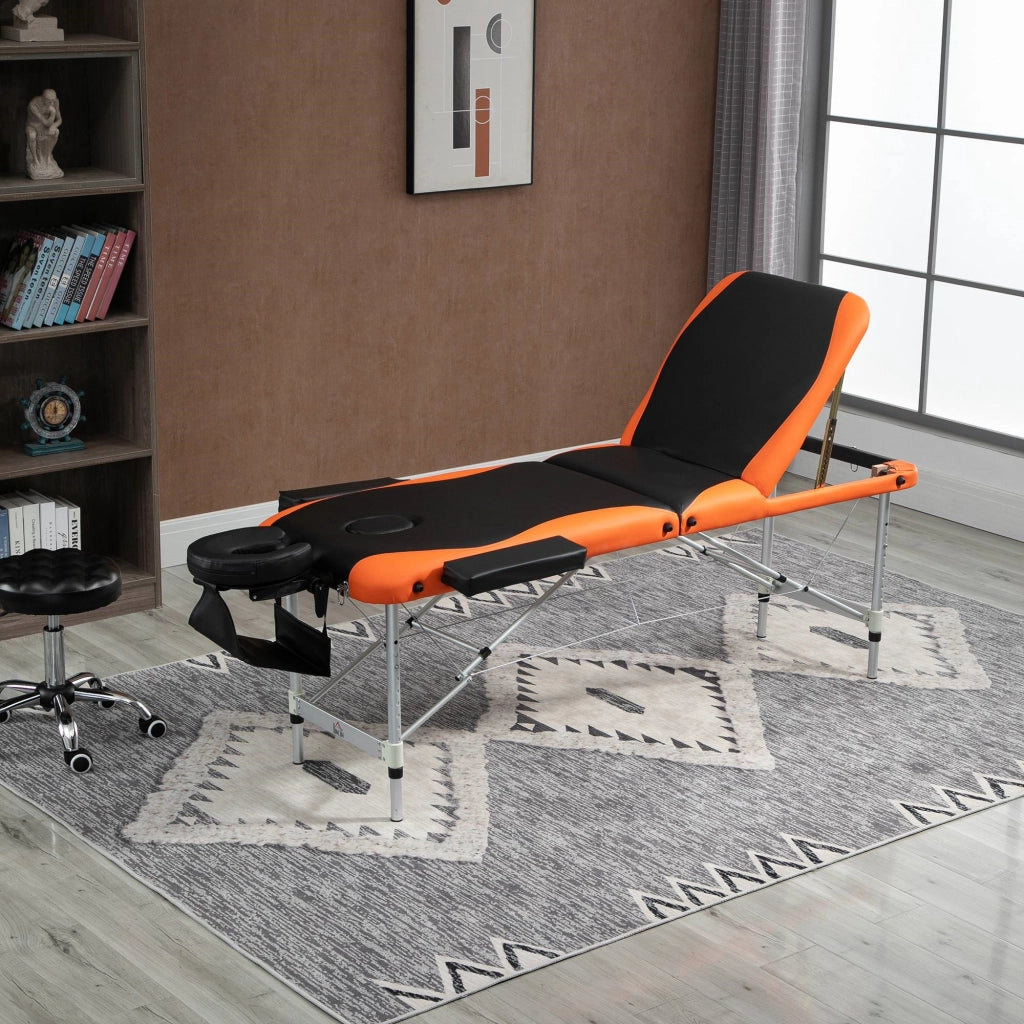 EasyComfort Lettino da Massaggio Pieghevole ad Altezza Regolabile, Lettino Professionale per Massaggi in Alluminio e Plastica, 215x81x61-84 cm, Nero e Arancione