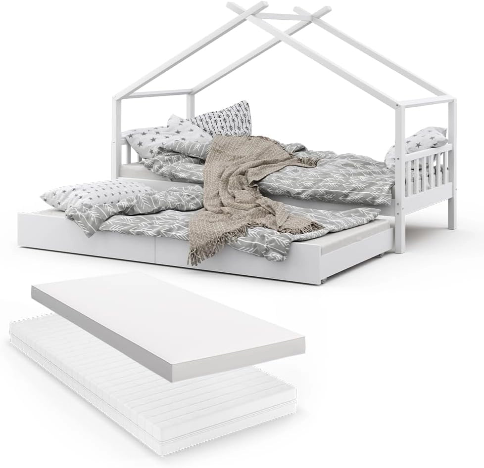 Letto montessori bambini Design, Bianco, 90x200 cm con letto per ospiti e 2 materassi, con sponda anticaduta e rete a doghe per un sonno sicuro