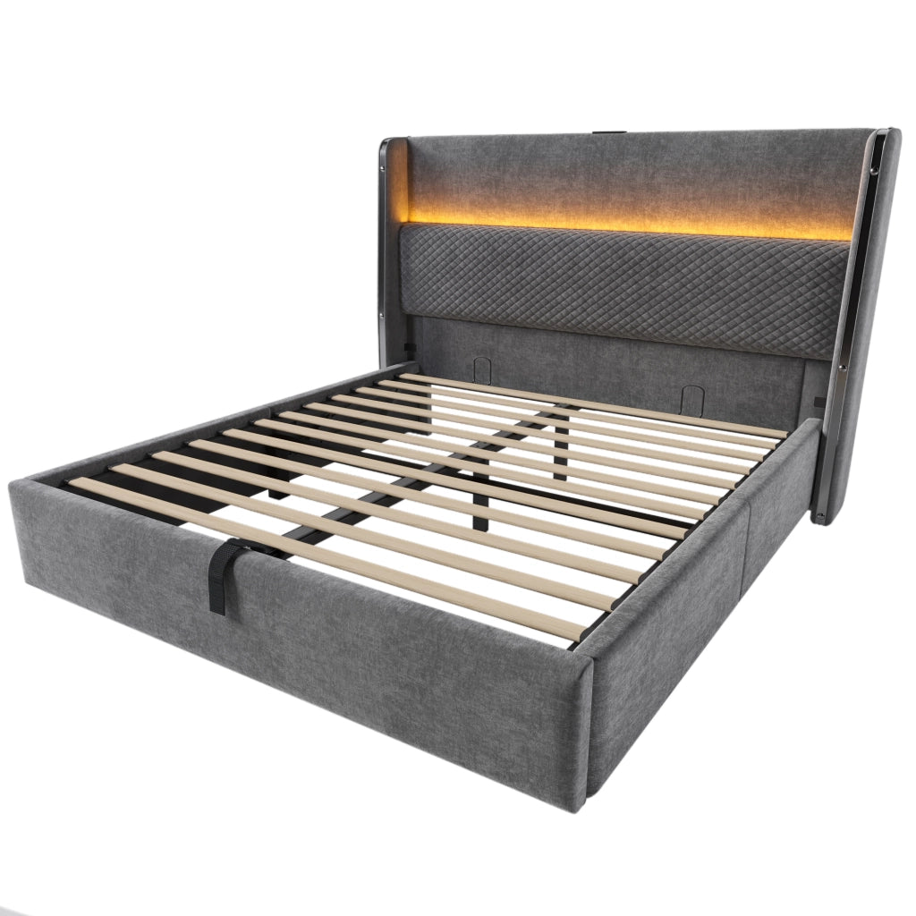 OKWISH Letto Contenitore 140×200 cm, Letto Matrimoniale con LED Regolabile, USB, Tipo C e Testiera Alta, senza Materasso, in Lino, Grigio