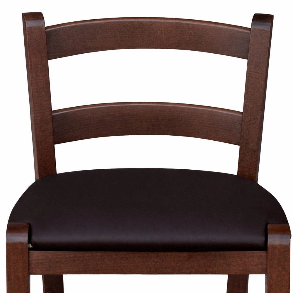 Sgabello in legno noce scuro h 67 seduta imbottita in similpelle marrone