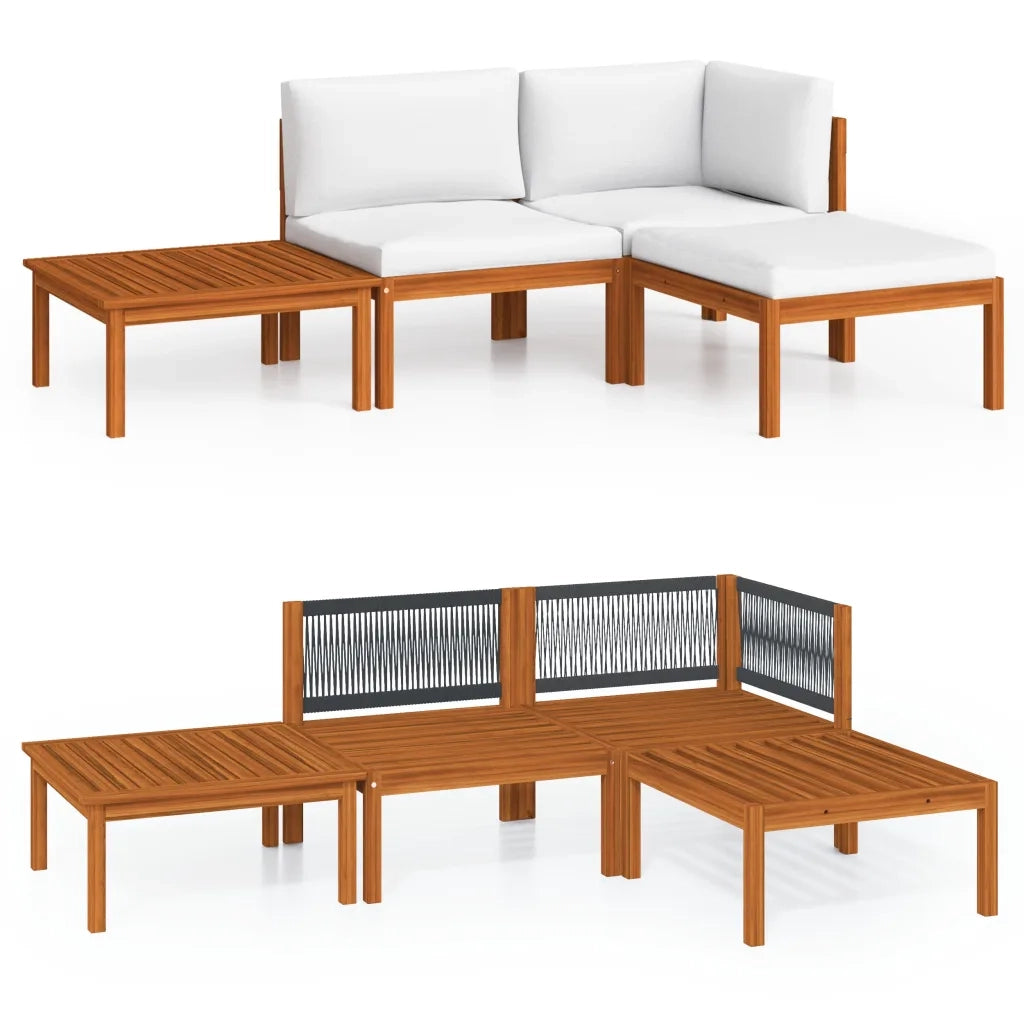 Set da giardino 4 pezzi con cuscini in legno crema, acacia e corda 3057877
