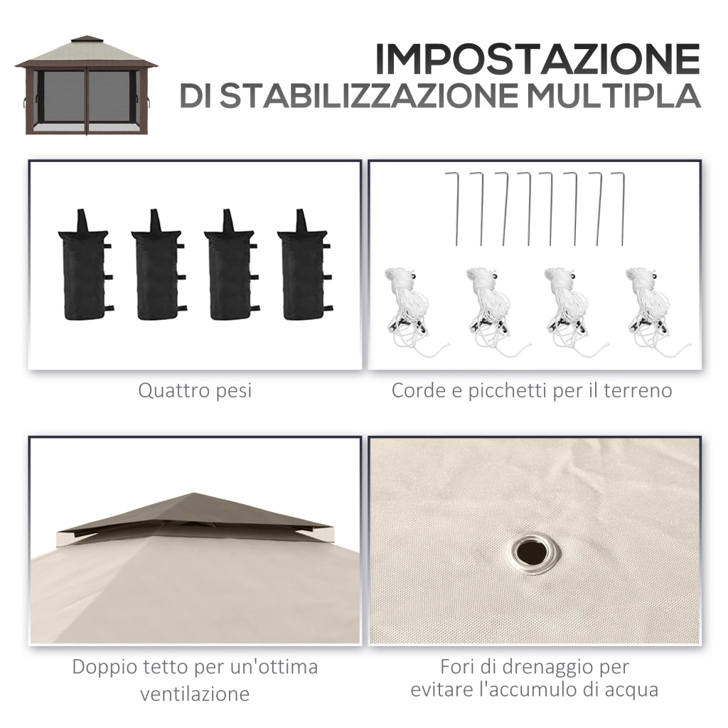 Gazebo Pieghevole 4x4 m ad Altezza Regolabile con Zanzariera e Borsa in Metallo e Tessuto Oxford Beige