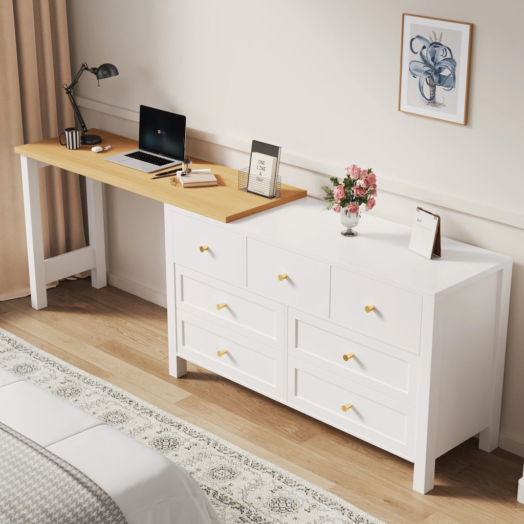 Scrivania girevole 2 in 1 con 7 cassetti, effetto quercia bianco/naturale, 120 x 40 x 70 cm