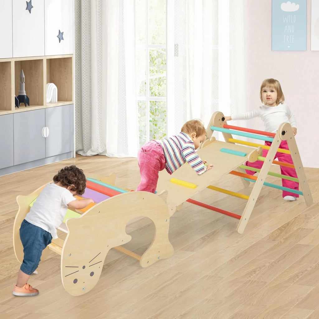 7 in 1 Set di Arrampicate per Bambini, Arrampicatore Pieghevole in Legno con Scivolo Reversibile, Dondolo e Arrampicata, Tavolo e Tunnel, per Bambini 3-14 Anni (Colorato)