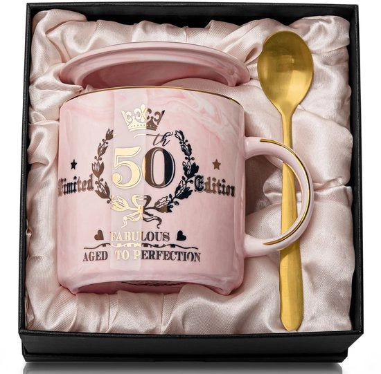 Tazza da Caffè in Ceramica 14oz - Rosa - Decorata con Oro - Regalo di Compleanno 50° - Ideale per Madre/Sorella/Donna - Scatola Regalo - Tazza