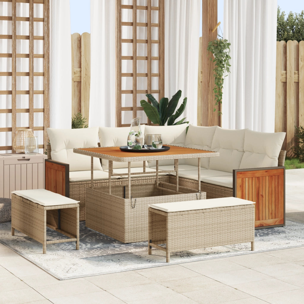 Set Divano da Giardino 8 Pezzi con Cuscini Beige Polyrattan Acacia