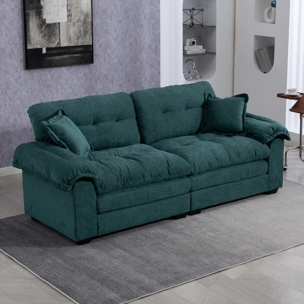 Divano set 2 pezzi in ciniglia con seduta profonda e cuscini decorativi per soggiorno e ufficio verde