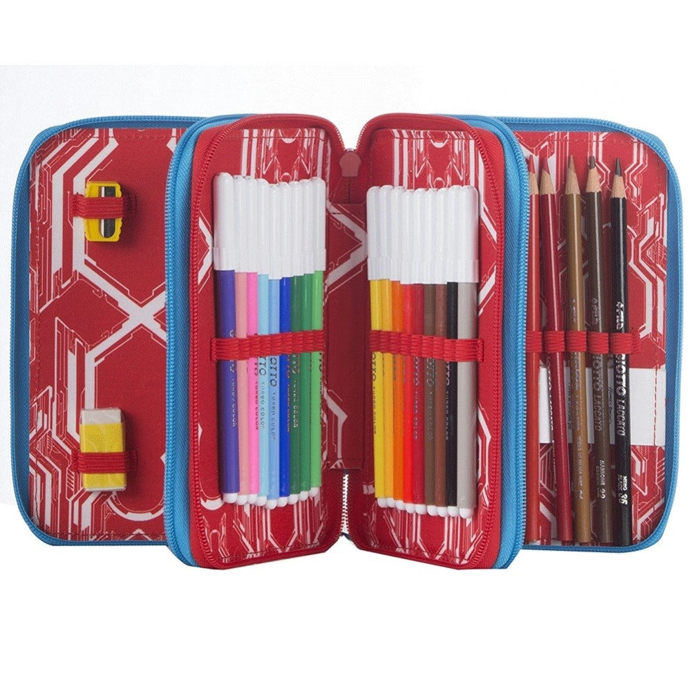 Trade Shop - Astuccio Completo 3 Zip Spiderman Uomo Ragno Accessoriato Bambini Scuola Delux -