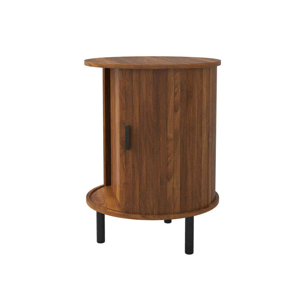 Mobiletto rotondo 48x48x65 cm con anta scorrevole e ripiano interno; MDF e truciolare; noce