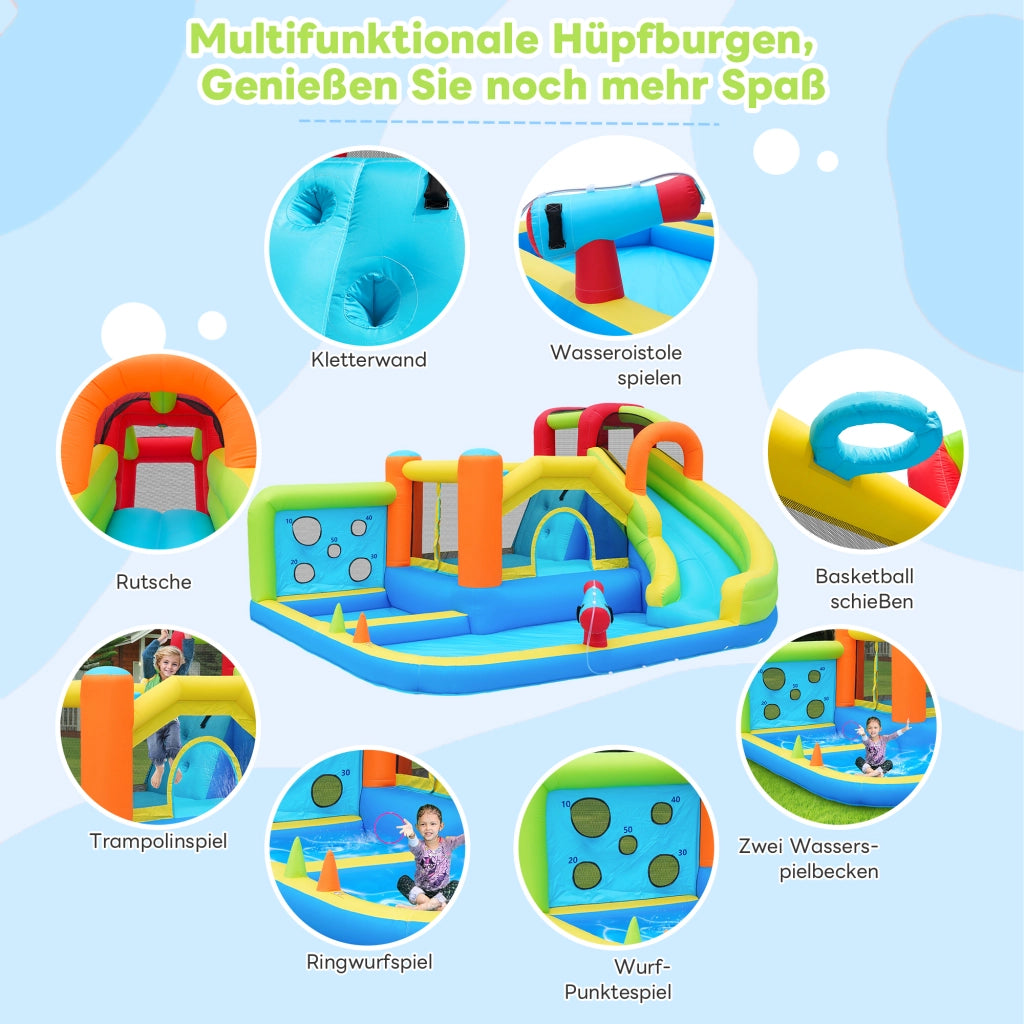 Castello gonfiabile multifunzione con scivolo d'acqua trampolino parete da arrampicata e soffiatore 450 W in tessuto oxford blu