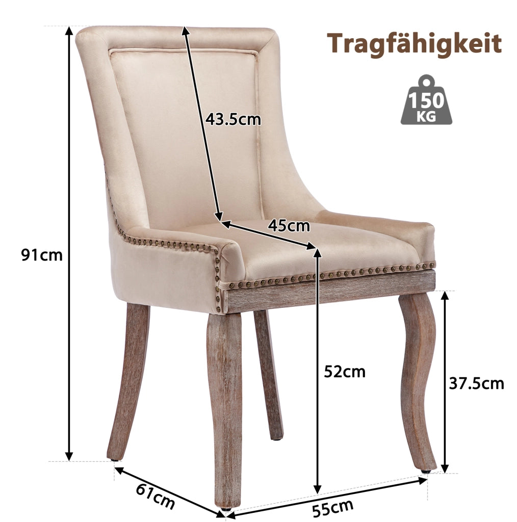 Sedia da pranzo imbottita in velluto beige con struttura in legno massello; 61x50x91 cm