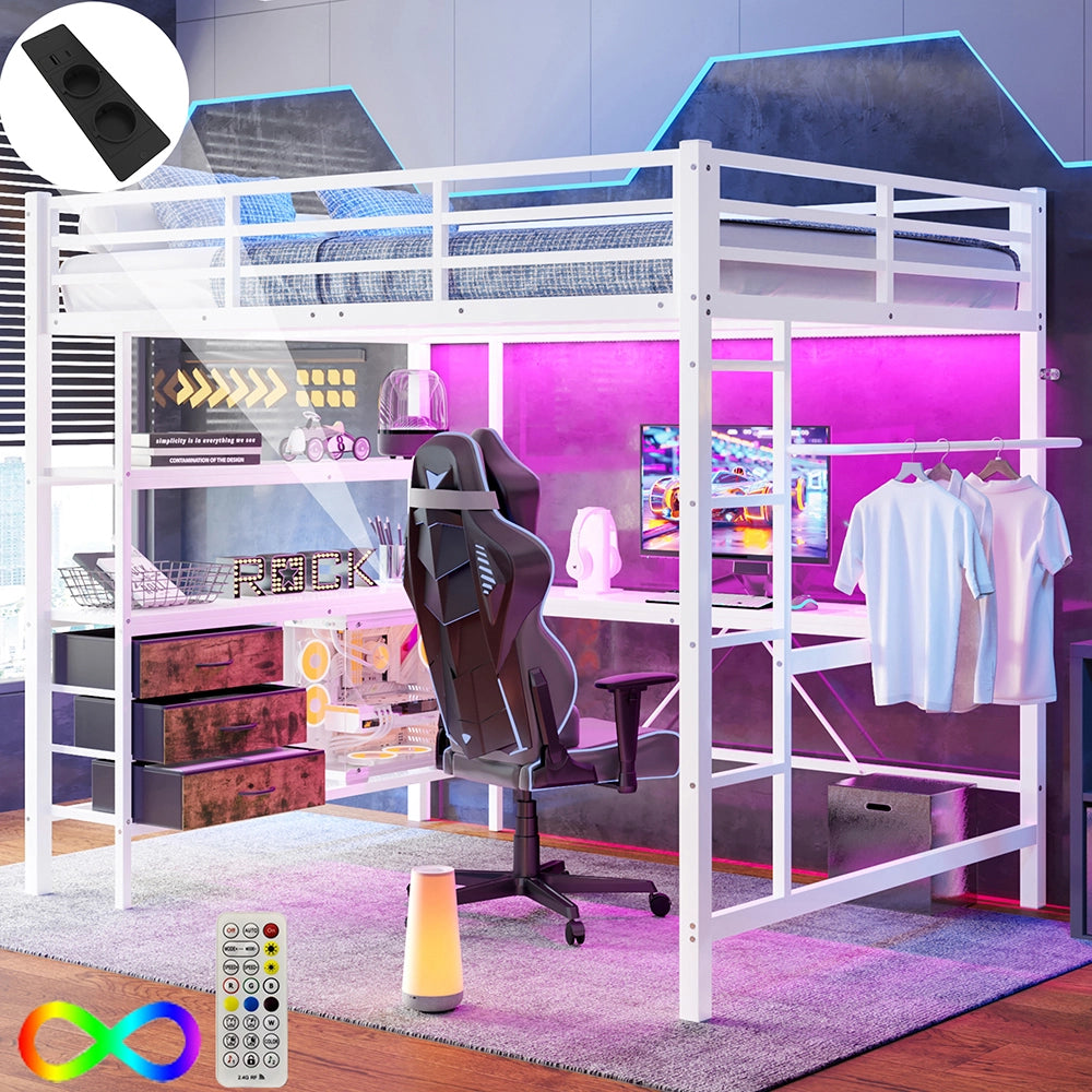 Letto mezzanino 140x200cm - Xylo - bianco, luce RGB, USB, scaffali, senza rete