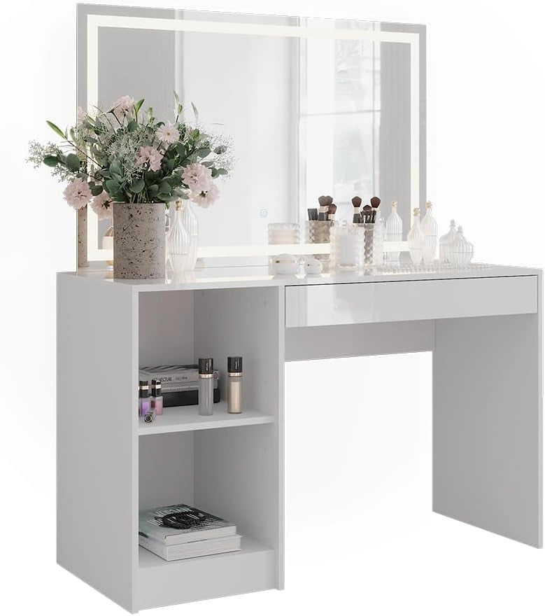Tavolo da toeletta Sherry, Bianco/bianco lucido, 119.8 cm con specchio LED