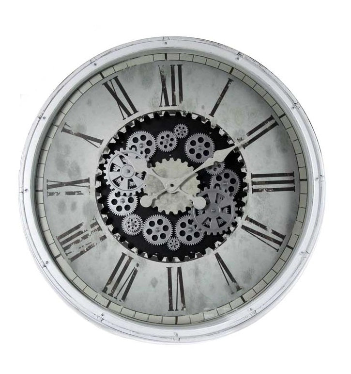 OROLOGIO MAXI DA PARETE SOTTO VETRO CON INGRANAGGI IN MOVIMENTO 76X76X5 CM BIANCO CORNICE IN PLASTICA