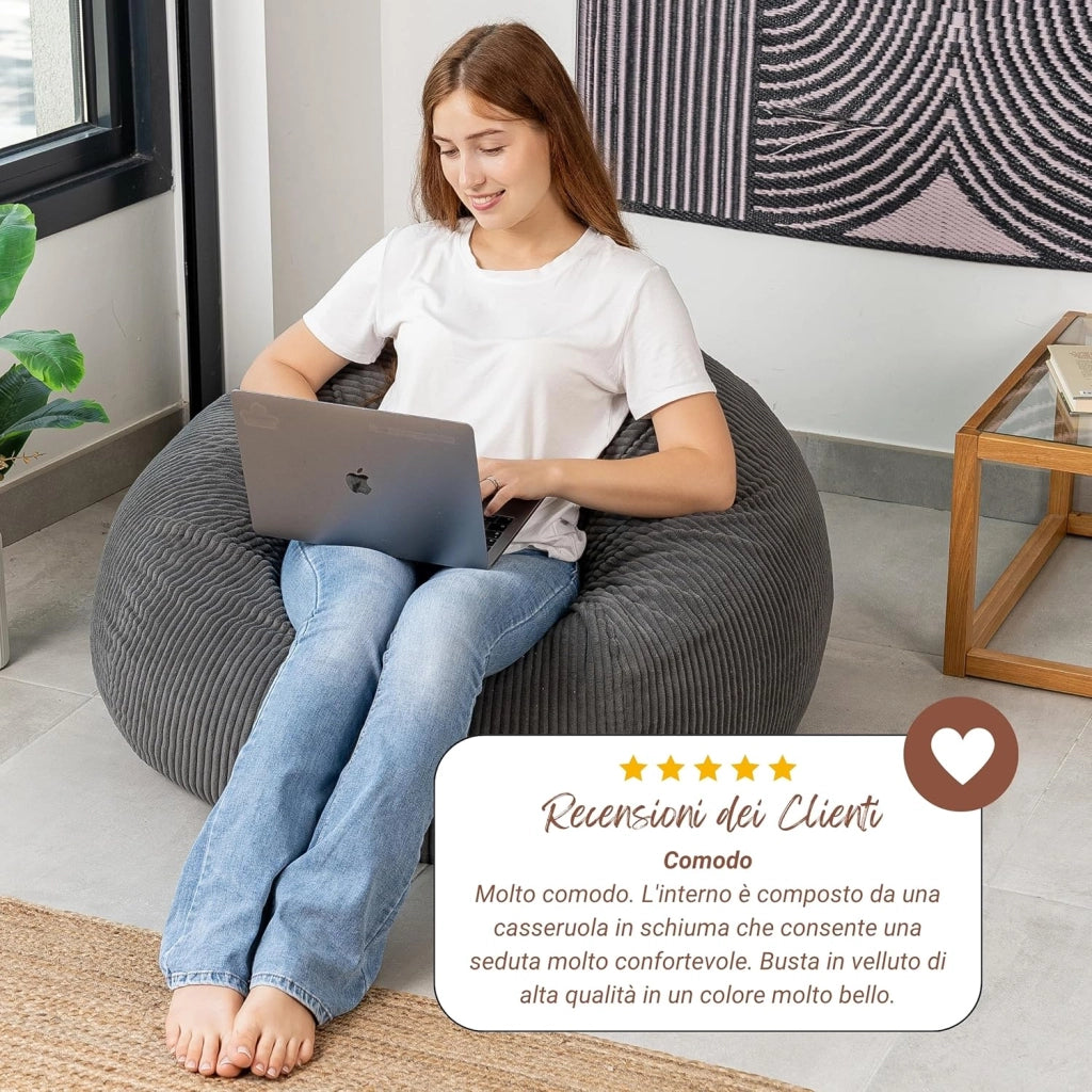 Pouf Poltrona Sacco in Velluto a Coste Larghe - Imbottitura in Schiuma, Morbido - Fodera Lavabile - Facile da Trasportare, Per Bambini e Adolescenti (105x85 cm, Grigio Scuro)