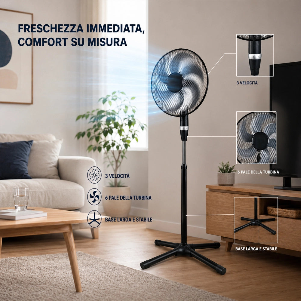Ventilatore a Piantana 75W con 6 Pale Diametro 40cm e Griglia 45cm 3 Velocità