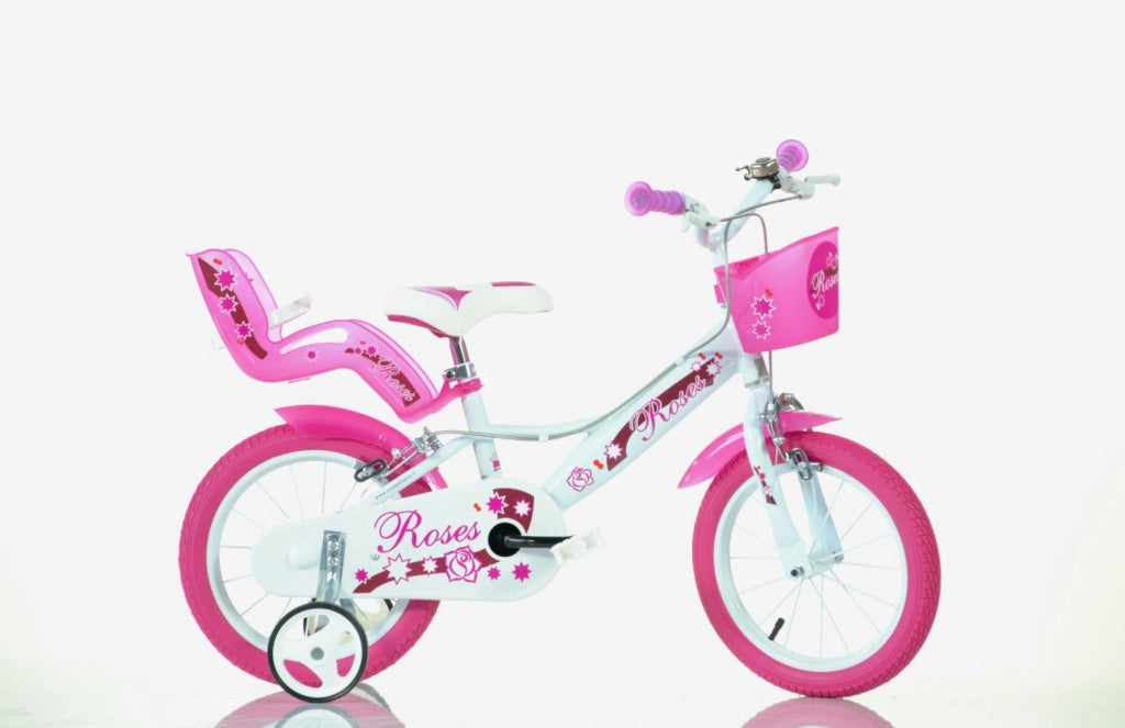 SCH ROSES 14", bicicletta per bambini, adatta tra i 4 e i 6 anni, per altezza tra 100 e 120 cm, con cestino, campanello