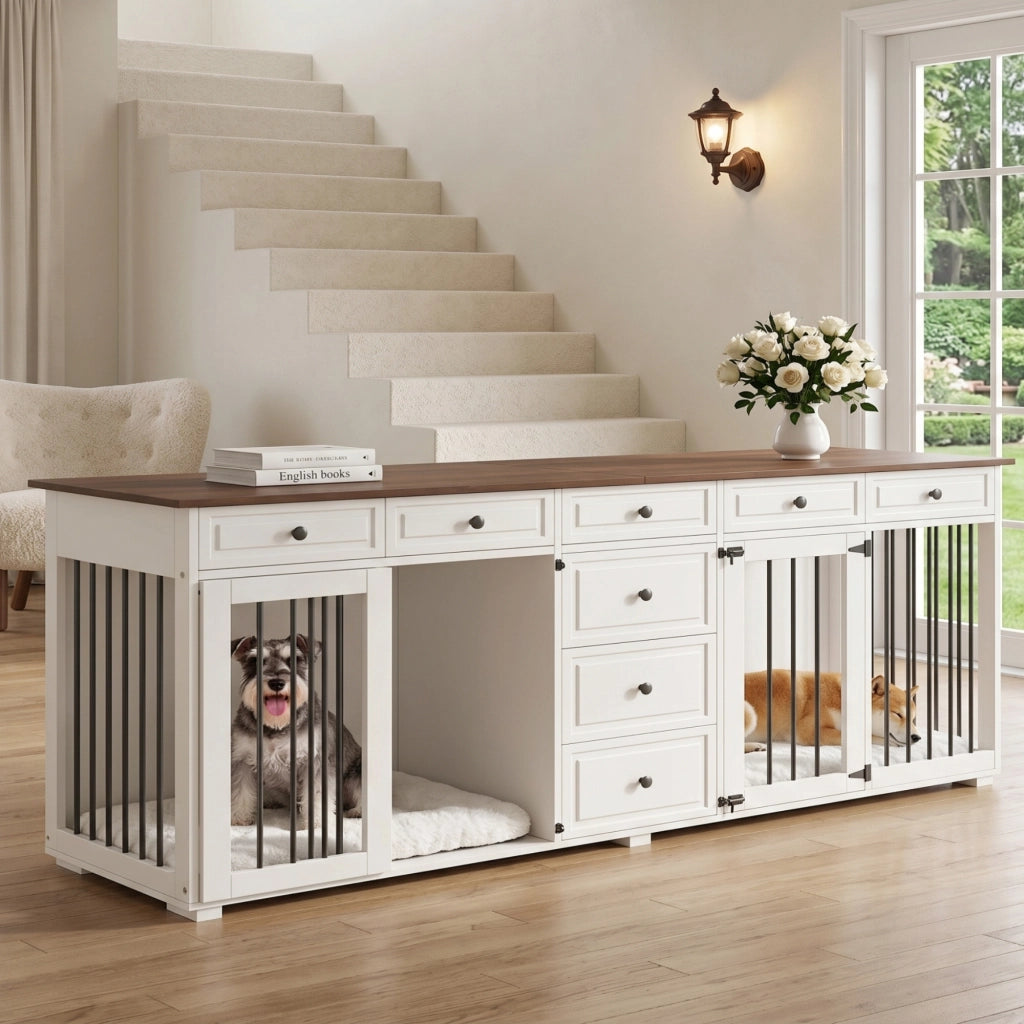 Scaffale per due cani da interno con 8 cassetti e chiusure di sicurezza in MDF e metallo bianco 200 × 60 × 85 cm