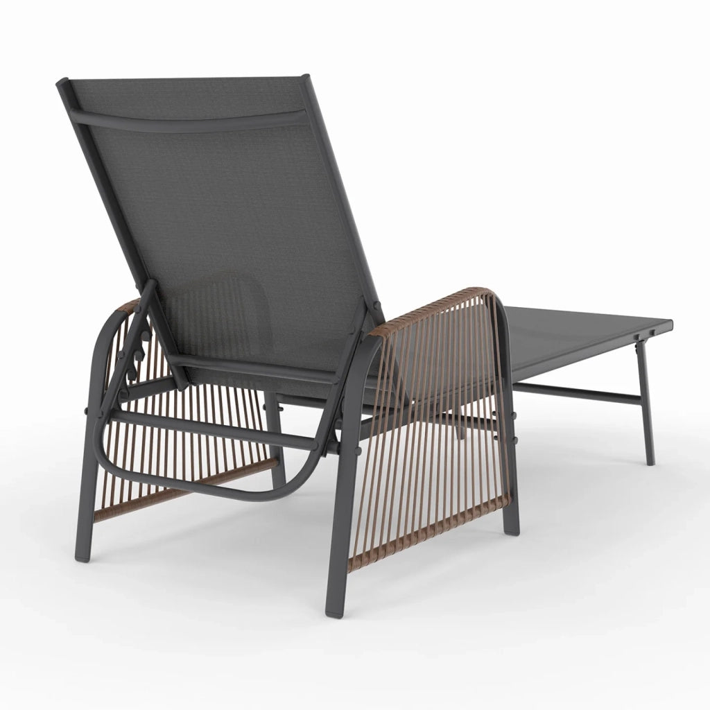 IDMarket - Set di 2 lettini da giardino reclinabili RIO in acciaio grigio antracite, corda in rattan con braccioli e tela grigia