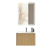 Mobile bagno con specchio; lavabo integrato e cassetto; LED regolabile antiappannamento; sospeso; in MDF rovere