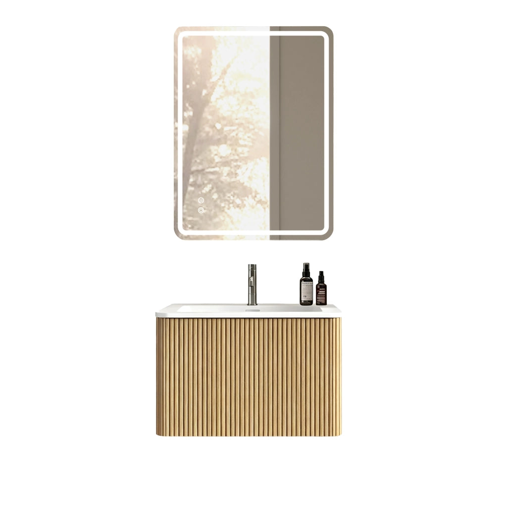 Mobile bagno con specchio; lavabo integrato e cassetto; LED regolabile antiappannamento; sospeso; in MDF rovere