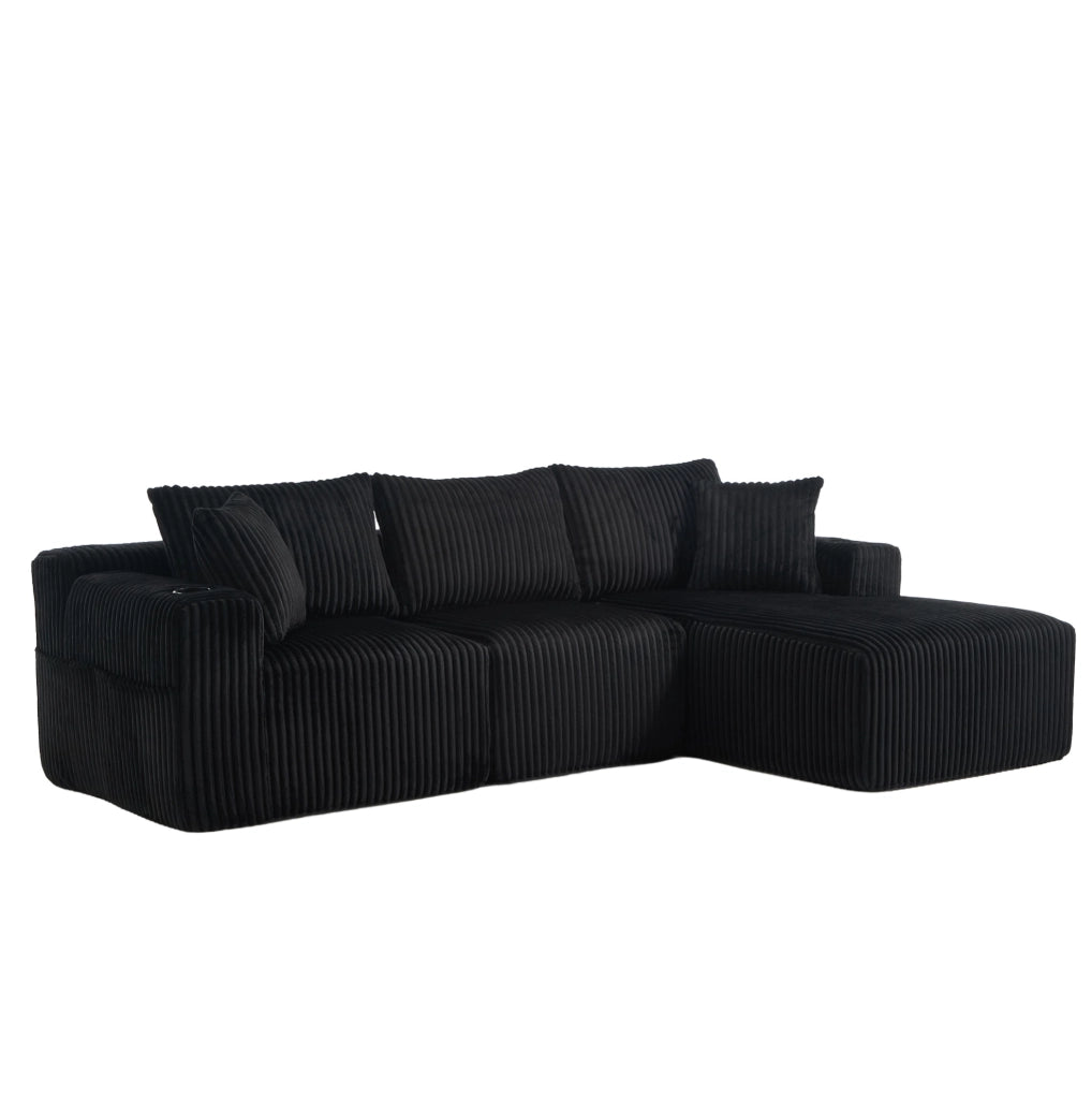 Divano modulare 257x160x62 cm con 5 cuscini; tasche laterali e portabicchieri in velluto a coste nero