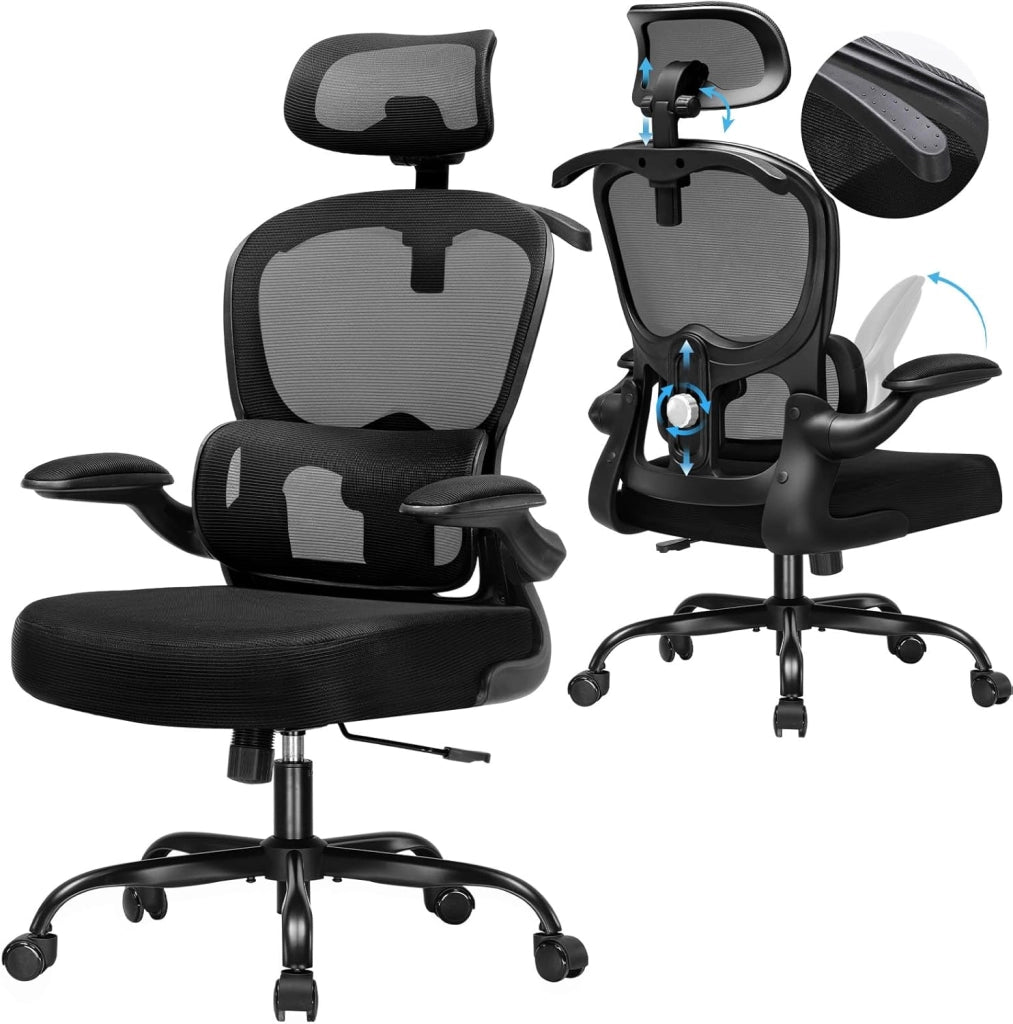 Sedia da ufficio ergonomica, con poggiatesta 3D e supporto lombare, design con gancio integrato, braccioli pieghevoli, cuscino imbottito, carico fino a 150 kg
