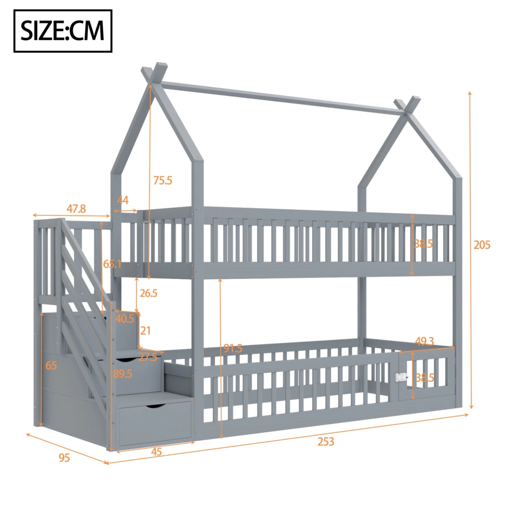 Letto a castello 90x200 cm con tetto; scala con cassetti e porticina in legno grigio
