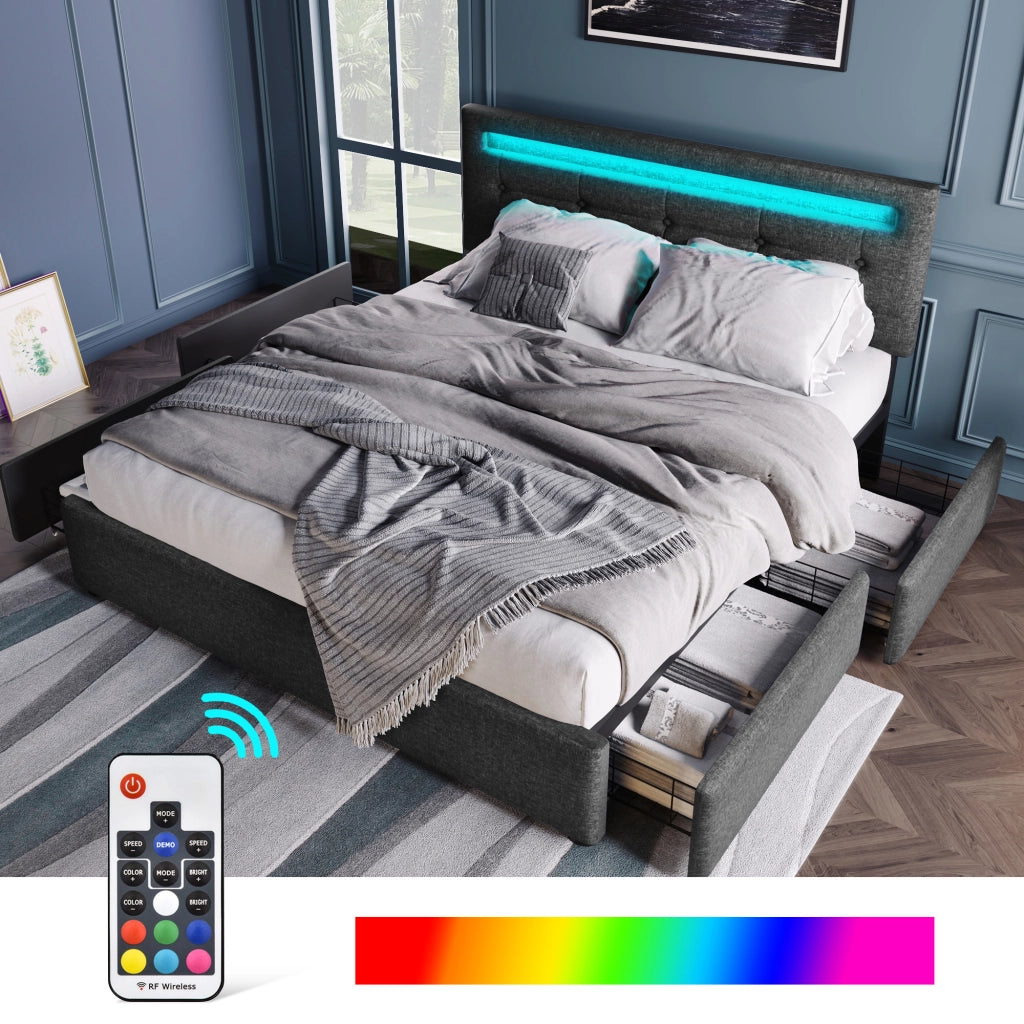 Letto matrimoniale – 140x200 cm – LED 4 cassetti testiera regolabile – legno grigio