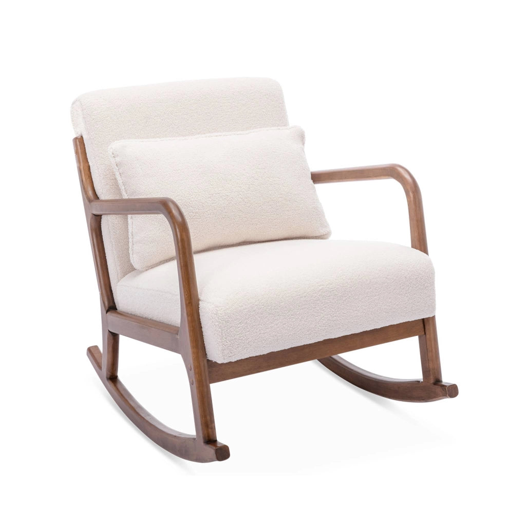 Poltrona a dondolo scandinava in legno e tessuto bouclé, crema