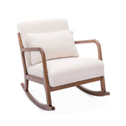 Poltrona a dondolo scandinava in legno e tessuto bouclé, crema