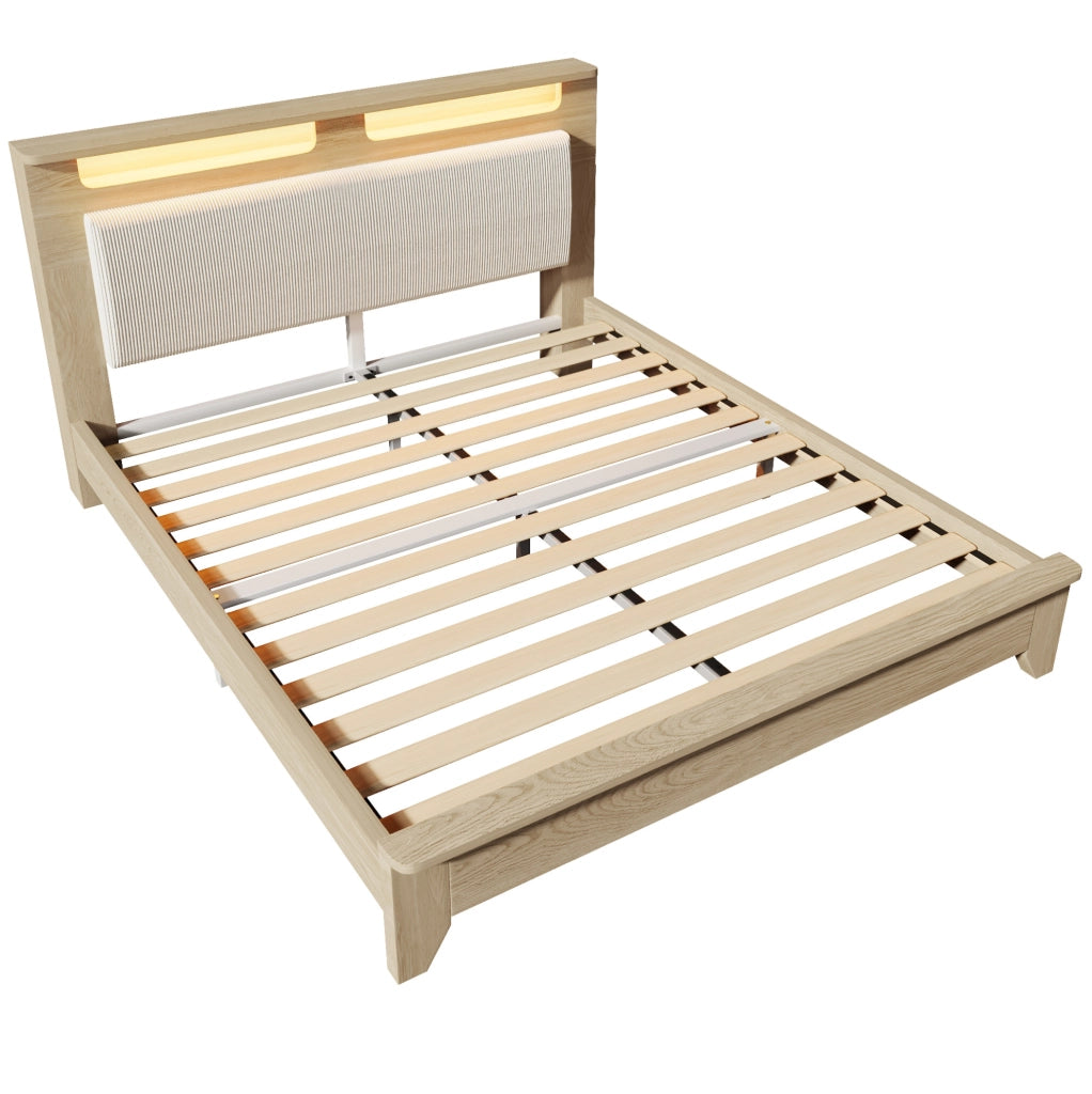 Letto 140x200 cm beige e rovere chiaro – LED e contenitore, con materasso