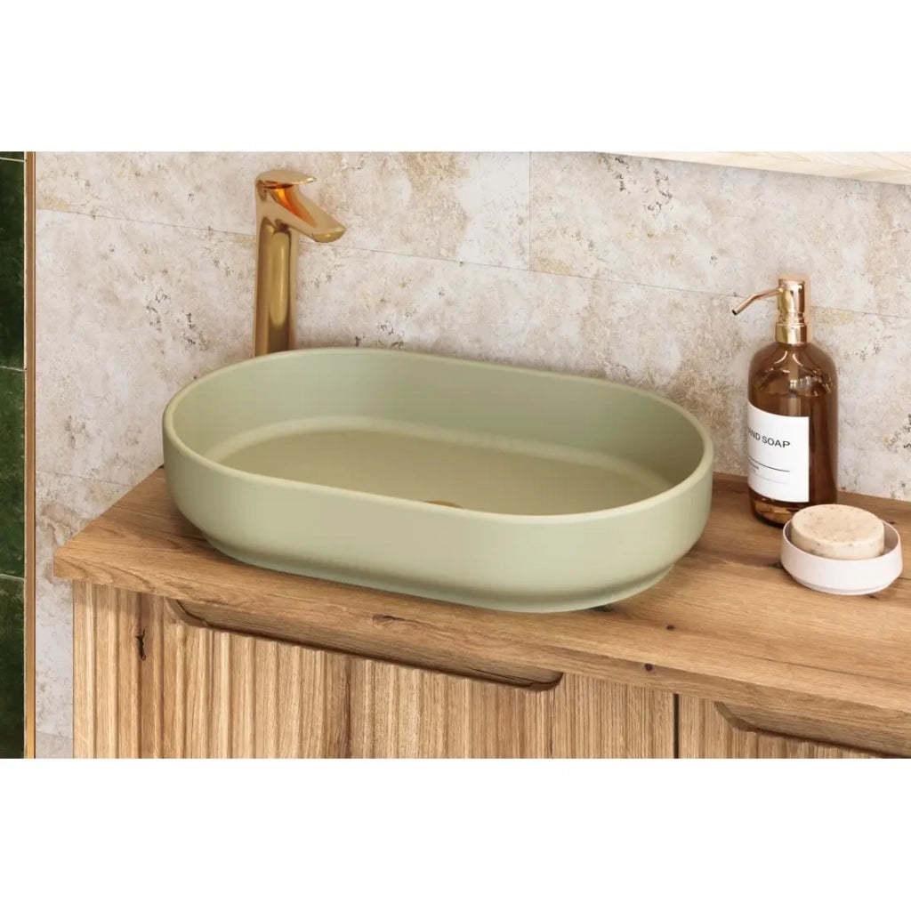 Lavabo ovale da appoggio 55x35 cm in ceramica verde oliva opaco