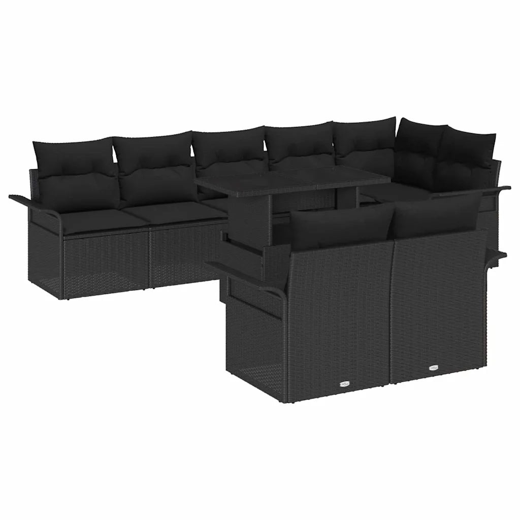 Set Divano da Giardino con cuscino 9 pcs Nero Poly Rattan