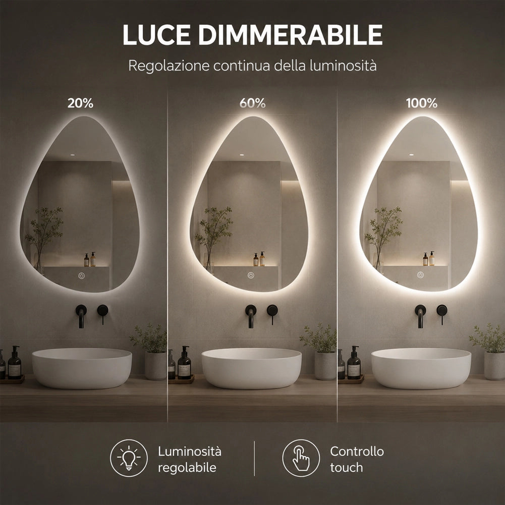 Specchio a Goccia Diametro 60x70 cm Led a 3 Colori Dimmerabile Accensione Touch