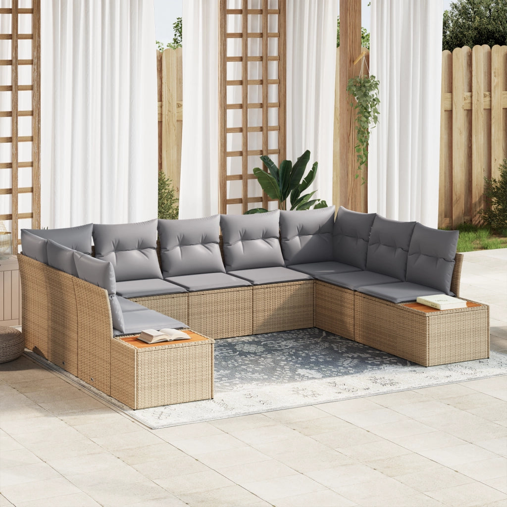 Set di Divani da Giardino con Cuscini Beige in Rattan PE e Acacia