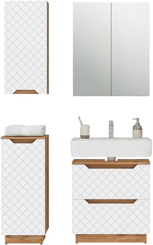 Set di mobili da bagno Lotta, Rovere/bianco con struttura in piastrelle, 4 parti
