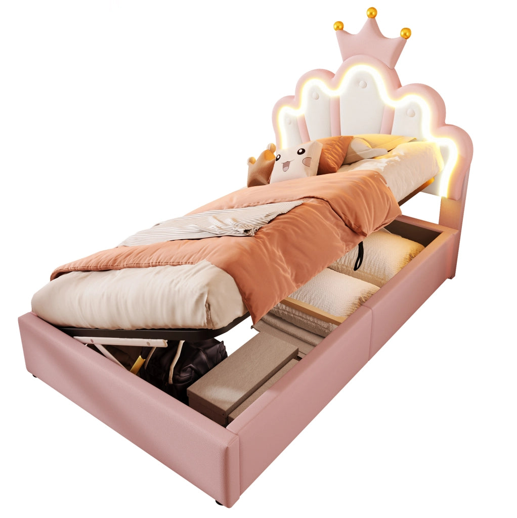Letto imbottito 90x200 cm in PU rosa con testiera regolabile; LED e contenitore idraulico
