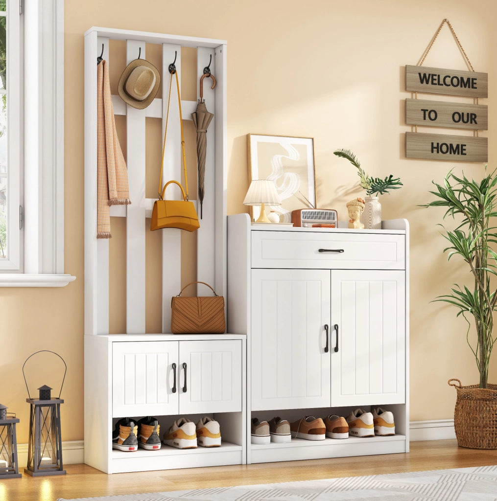 Set ingresso 3 in 1 con panca; pannello appendiabiti e scarpiera 140x32x180 cm; bianco in truciolare